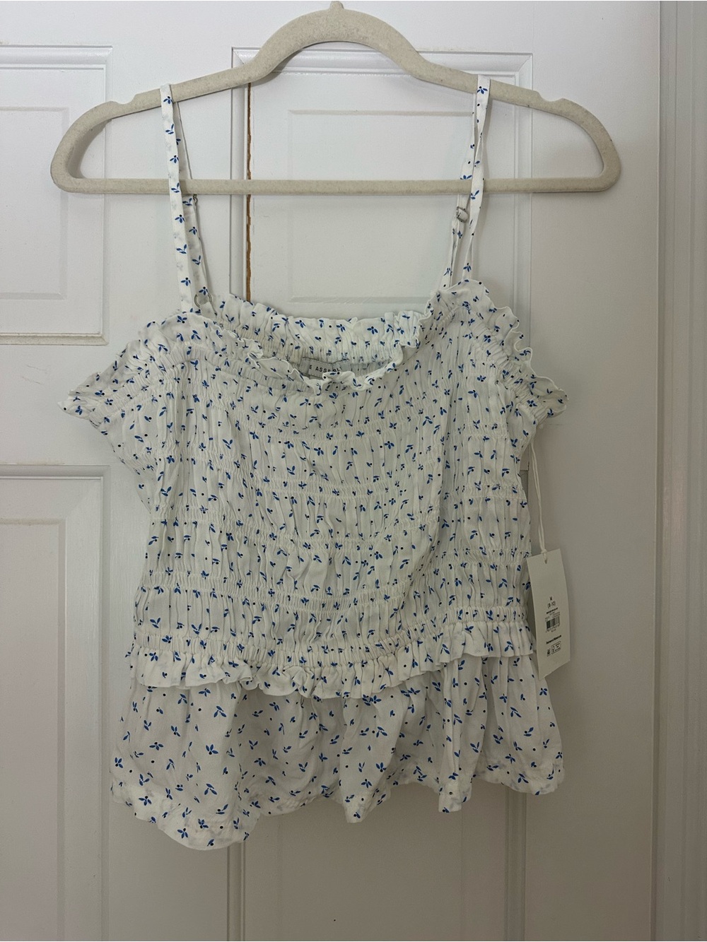 White Smocked Floral Ruffle Tank Top with Blue Print